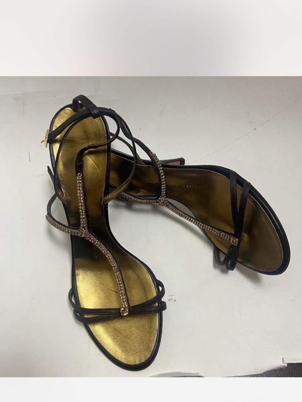 Giuseppe Zanotti Black Strappy Sandals with Gold Insole and Crystal T‑Bar